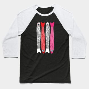 ANCHOVIES Bright Graphic Fun Groovy Fish in White Red Pink - Vertical Layout - UnBlink Studio by Jackie Tahara Baseball T-Shirt